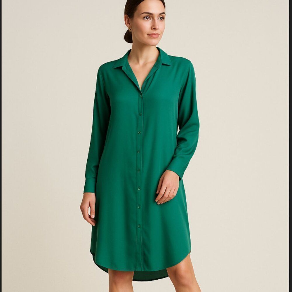J. Peterman 100% Silk Button-Front Shirt Dress Kelly Green Size Small